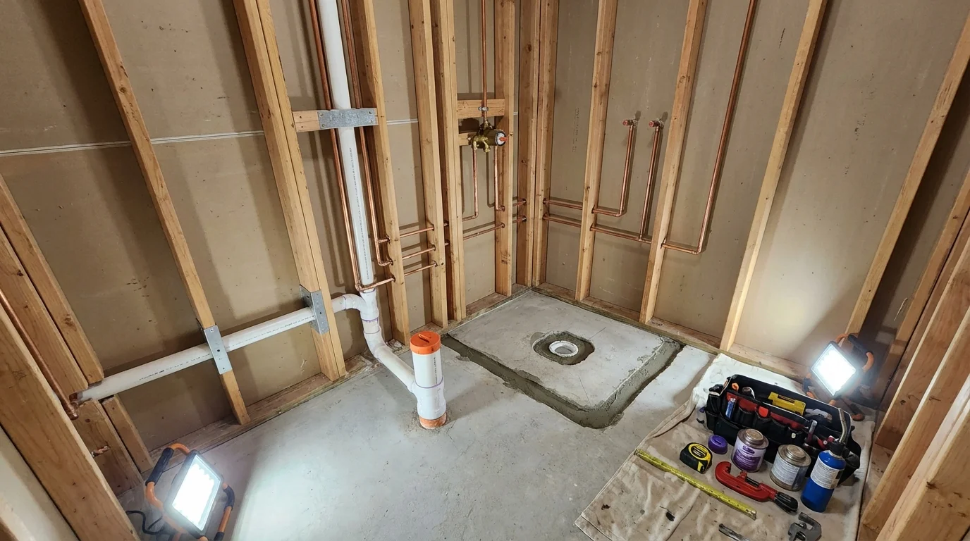 Bathroom rough-in plumbing during remodel by Johns Plumbing LLC in Lehighton
