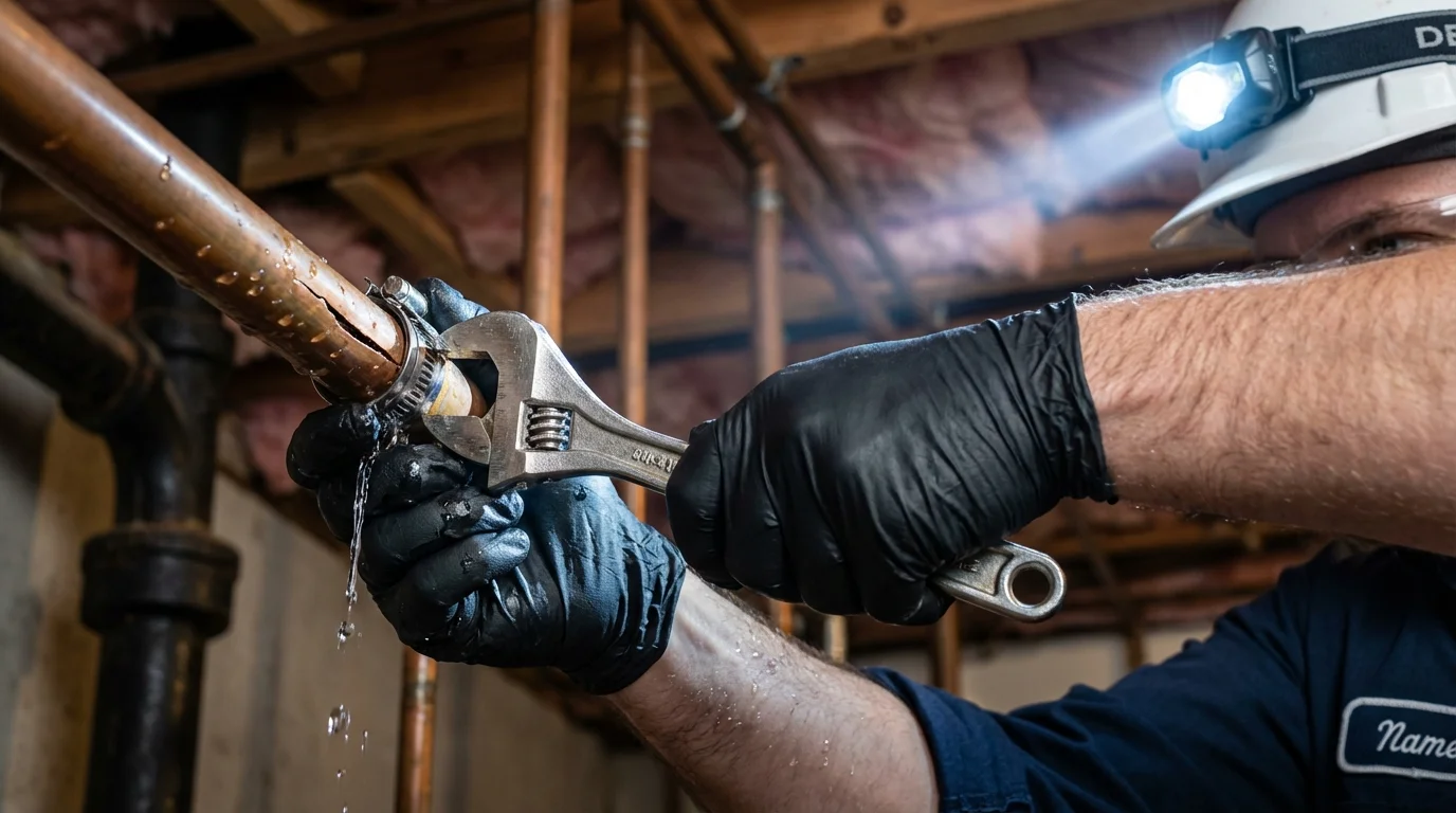 Emergency pipe clamp repair being performed by a Johns Plumbing LLC plumber in Lehighton