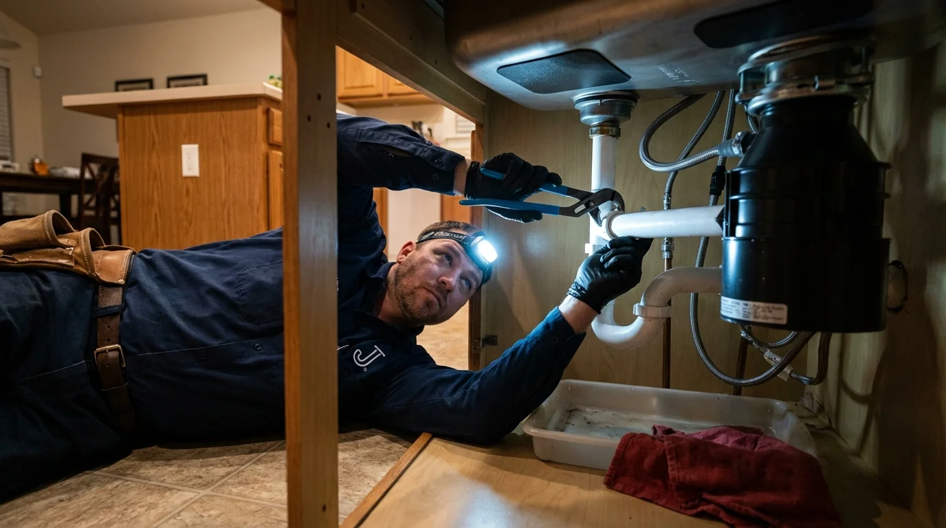 P-trap and supply line connections under a kitchen sink showing a common leak point in Lehighton, PA